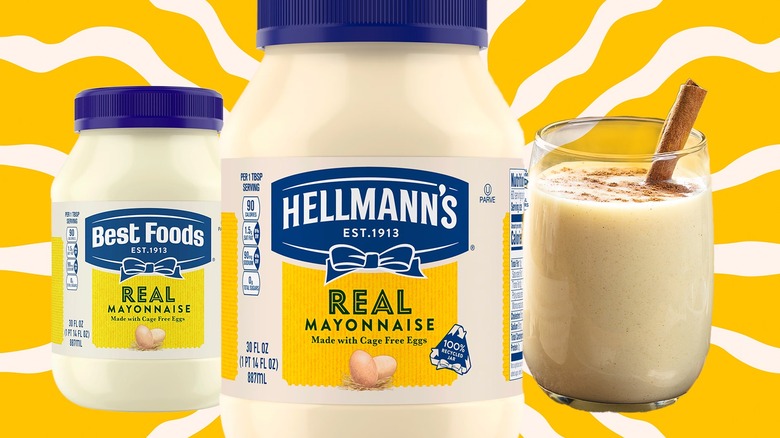 Jars of Hellmann's mayonnaise with a glass of egg nog against a yellow background