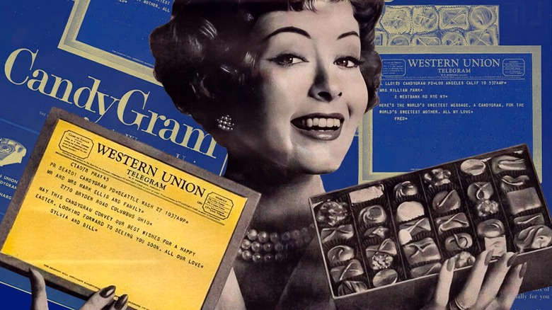 Image of a woman from a 1959 Western Union CandyGram ad superimposed on blue images of candygrams
