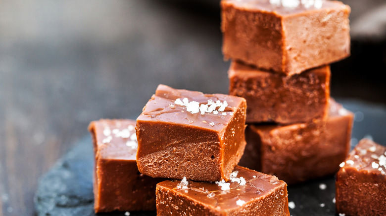 Homemade chocolate fudge with sea salt.