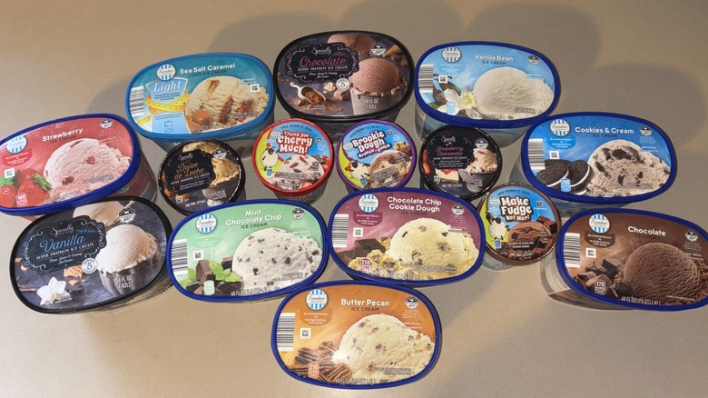 A variety of ice cream cartons viewed from top