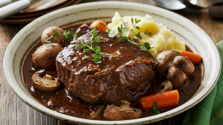Beef bourguignon with mushrooms and carrots served with mashed potatoes