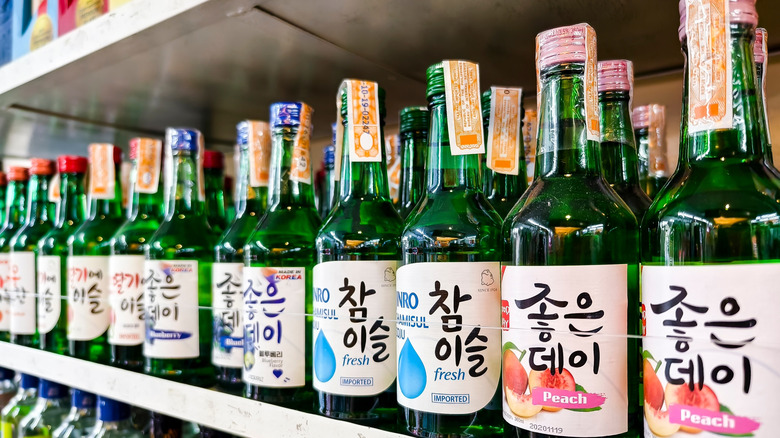 Bottles of soju on a store shefl
