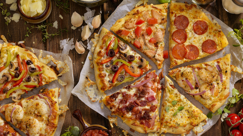 Pizza slices with different toppings