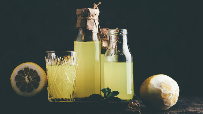 Homemade limoncello in glass jars