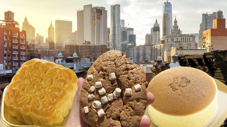 Sweets from Chinese bakeries against a New York City skyline