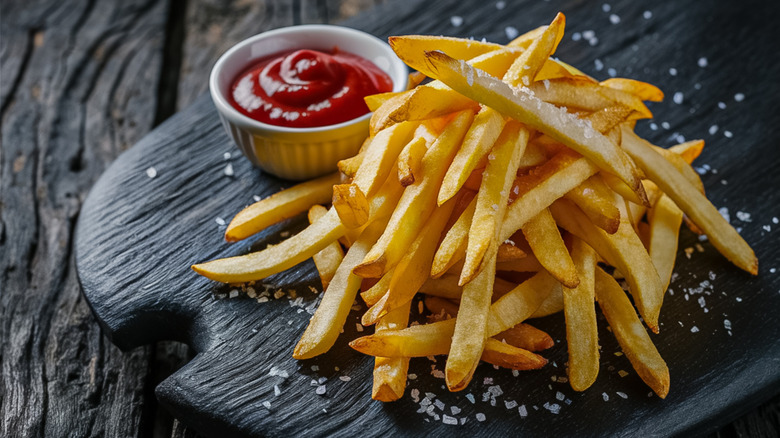 French fries on a wooden board with ketchup