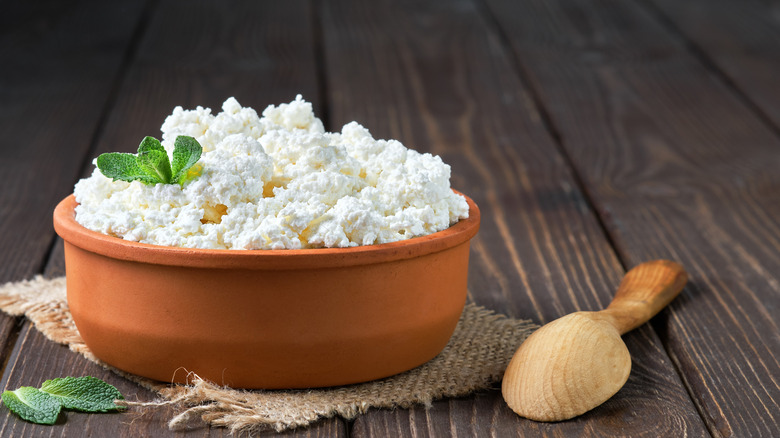Dry cottage cheese in a bowl