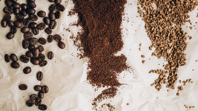 Coffee beans, ground coffee, and instant coffee