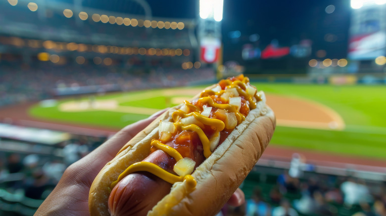 Hand holding a hot dog at a baseball game