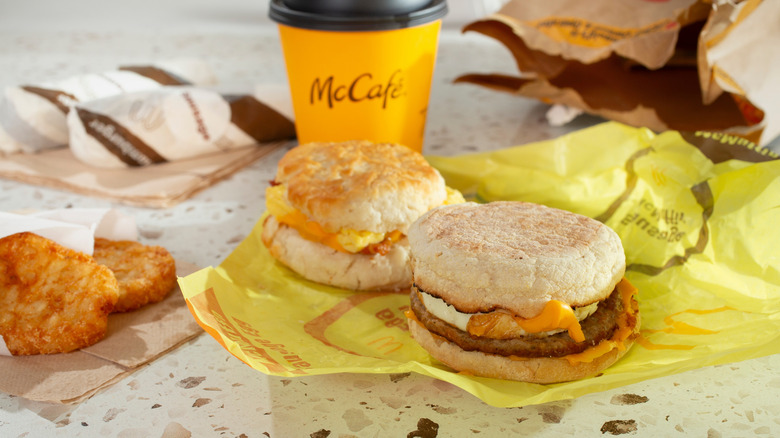 Tray of McDonalds breakfast sandwiches and potatoes