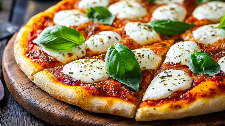 Sliced pizza margherita garnished with fresh basil leaves on a wooden board