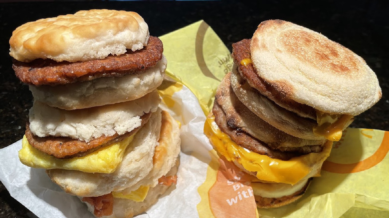 A selection of McDonald's breakfast sandwiches stacked together