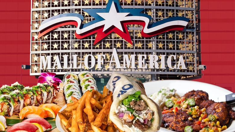 Mall of America entrance sign and a number of dishes sold at restaurants there