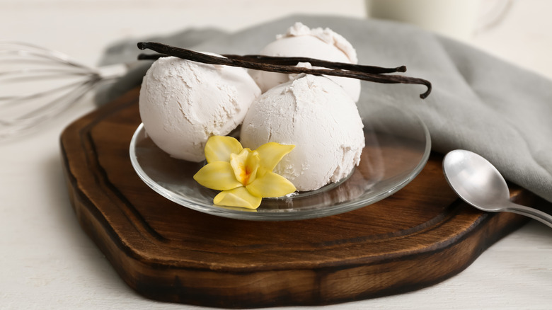glass plate of vanilla ice cream