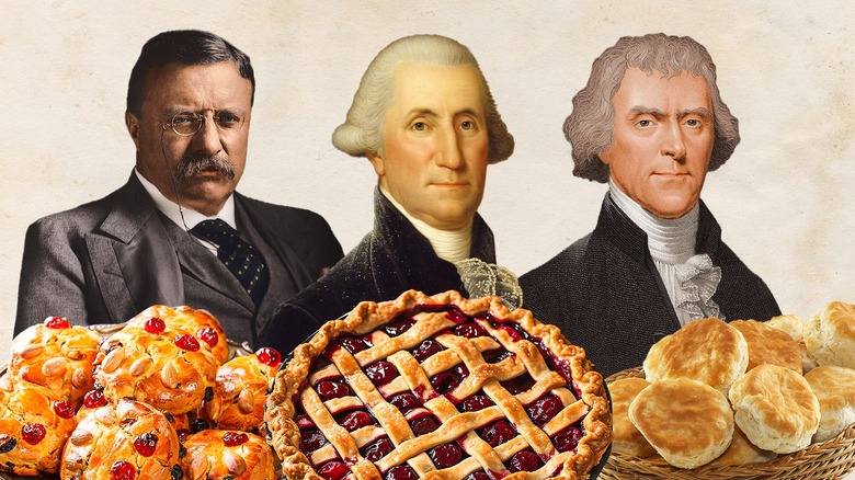 Theodore Roosevelt, George Washington, and Thomas Jefferson with their favorite desserts