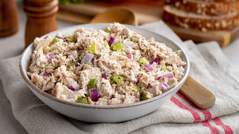 Bowl of tuna salad on napkin