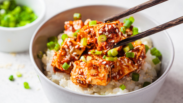 korean braised tofu rice bowl