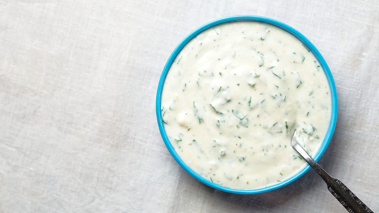 Ranch dressing in a blue bowl