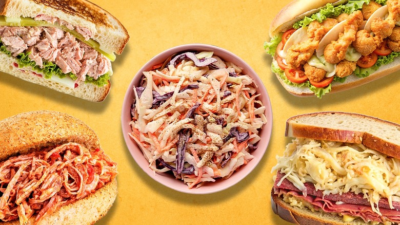 various types of sandwiches topped with coleslaw