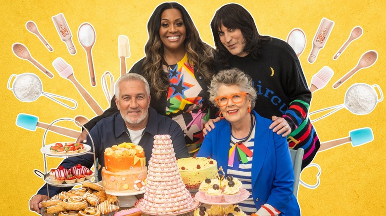 Composite image of the cast of the Great British Bake Off with various baked goods and baking utensils