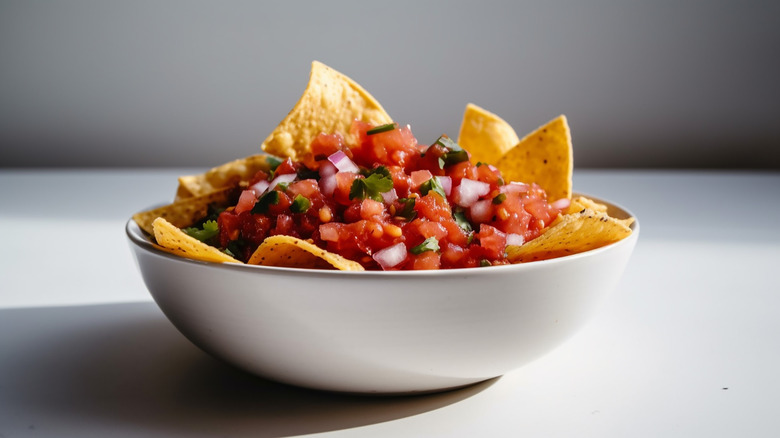 a bowl of pico de gallo with tortilla chips