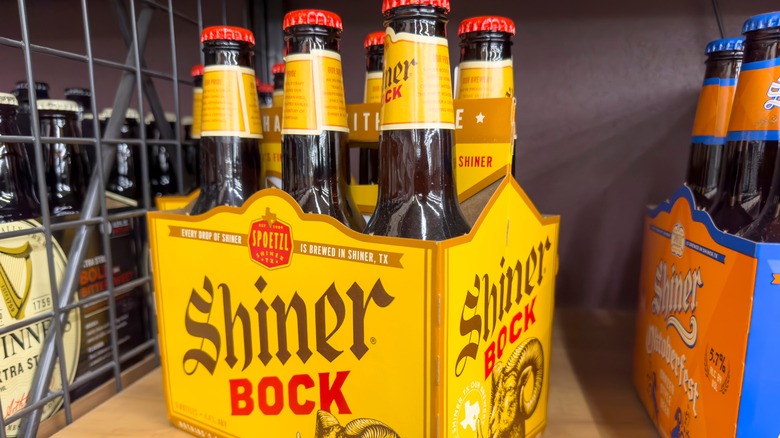 Close up of a Shiner Bock beer cardboard container