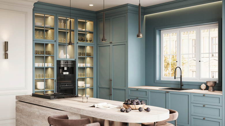 A clutter free kitchen with cubby-like storage in the background
