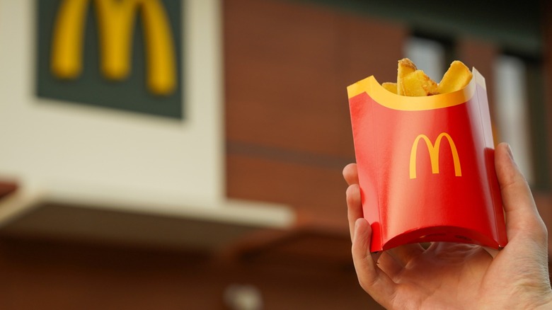 A hand holding an order of McDonald's fries