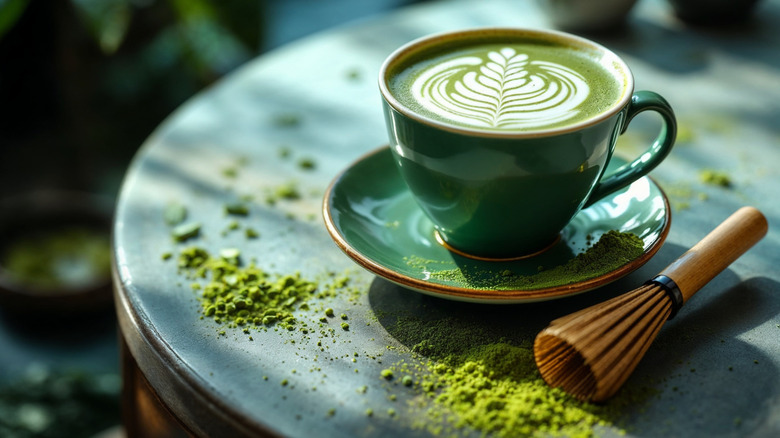 A matcha latte on a table