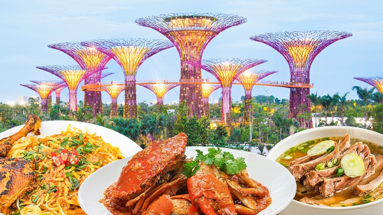 Collage of traditional Singaporean dishes in front of Singapore's solar-powered supertrees