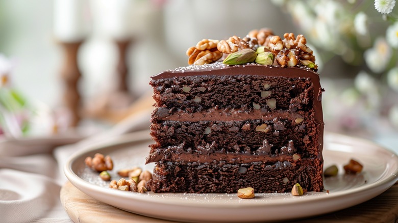 A slice of chocolate cake with nuts