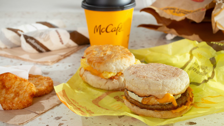 McDonald's breakfast sandwiches and coffee on counter