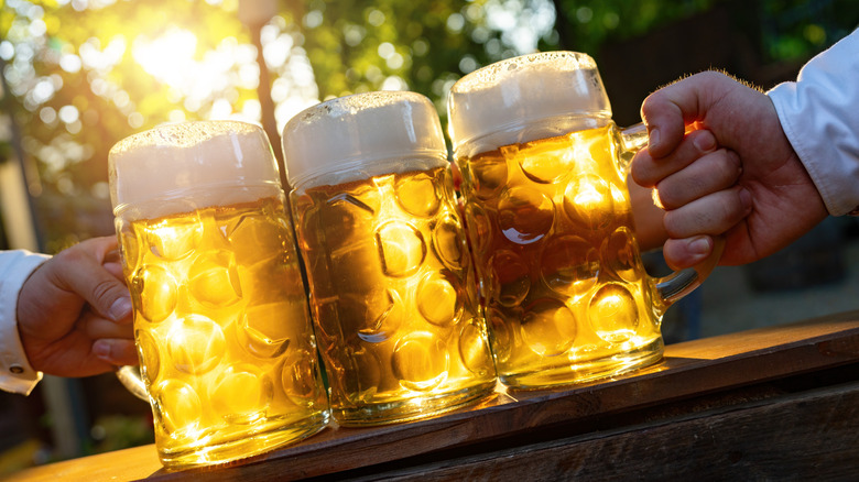 Closeup of beer mugs in sunlight being held by two hands