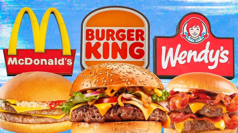 McDonald's, Burger King, and Wendy's signs and burgers