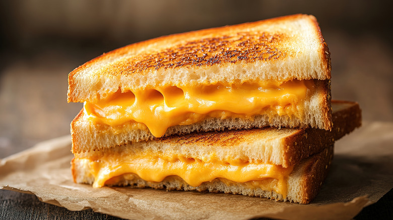 A grilled cheese sandwich is filled with melty orange cheese.