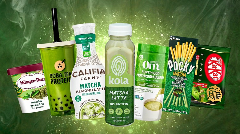 Matcha products on green background