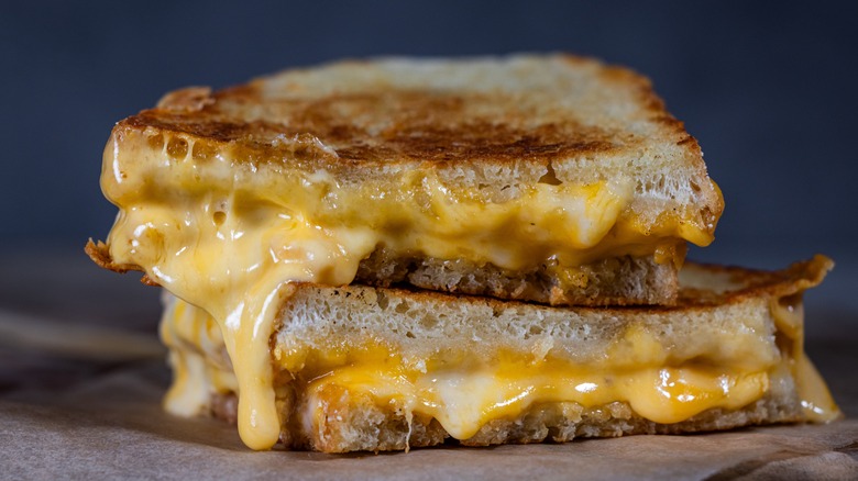 A melty grilled cheese sliced in the middle is pictured in close up.