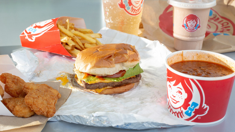 Wendy's burger, fries, chili, nuggets