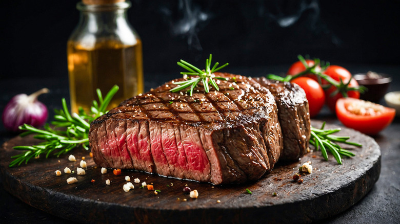 A grilled steak on a wooden platter.