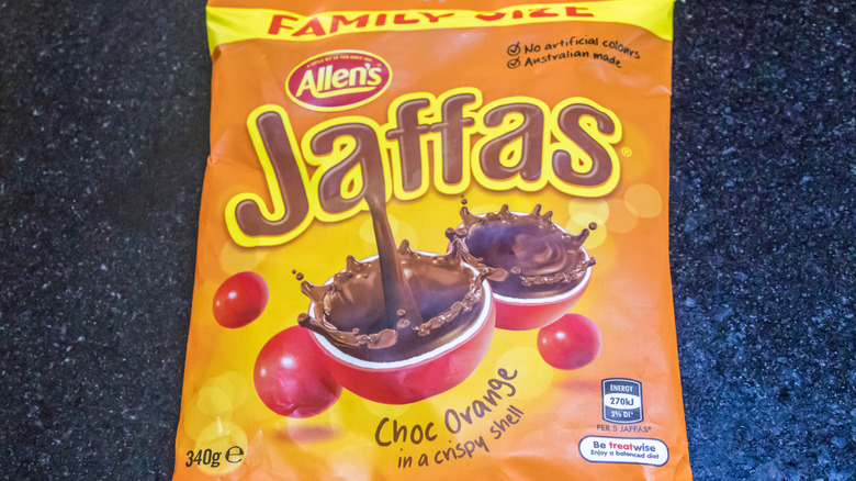 A bag of Allen's Jaffas candy on a counter