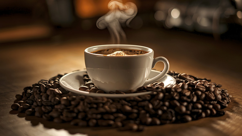 A white mug of steaming coffee sitting on a pile of coffee beans