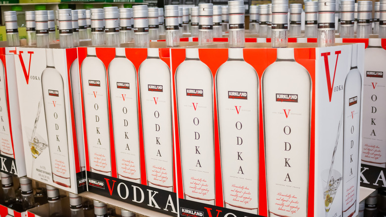 Bottles of Kirkland Signature French Vodka at a Costco warehouse