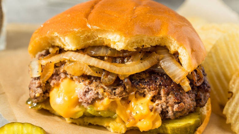 A Juicy Lucy double cheeseburger