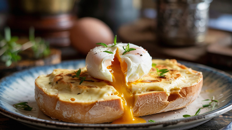 Welsh rarebit dressed with a poached egg