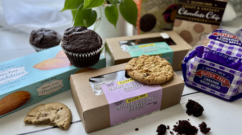 Trader Joe's gluten-free desserts arranged on blue background