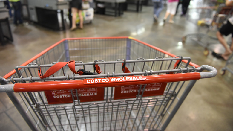 A Costco cart near the entrance to the warehouse store