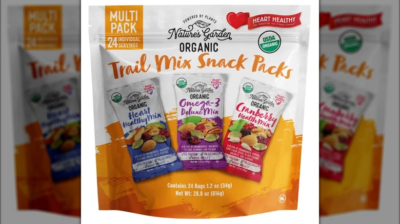 A pack of Nature's Garden organic trail mix snack packs