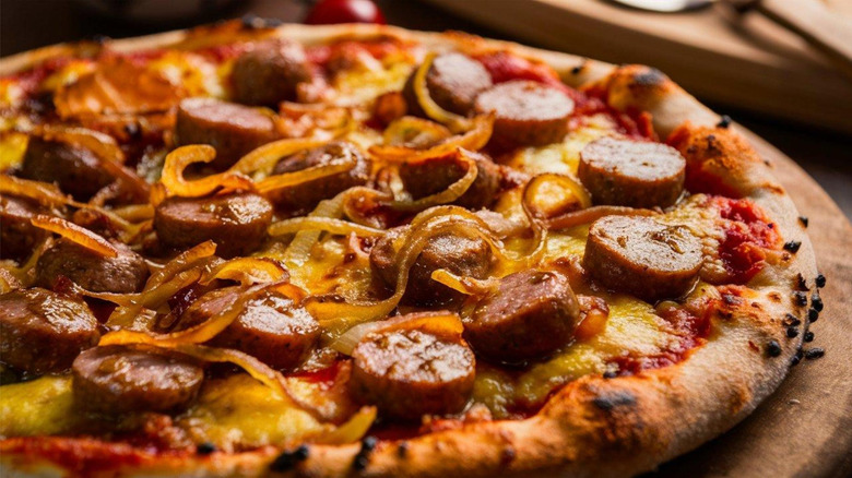 Pizza with sliced sausage and onions
