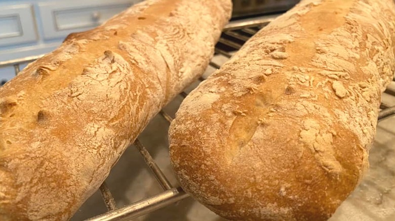Italian bread loaves on cooling rack