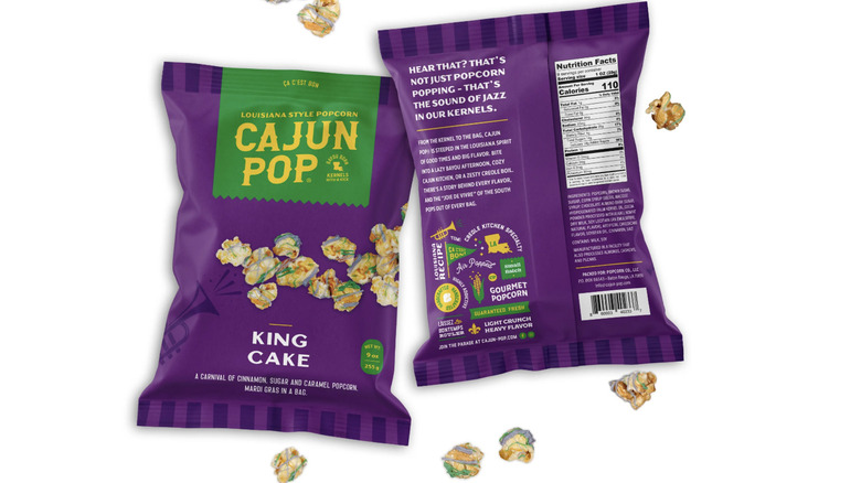 The front and back of a bag of King Cake flavored popcorn